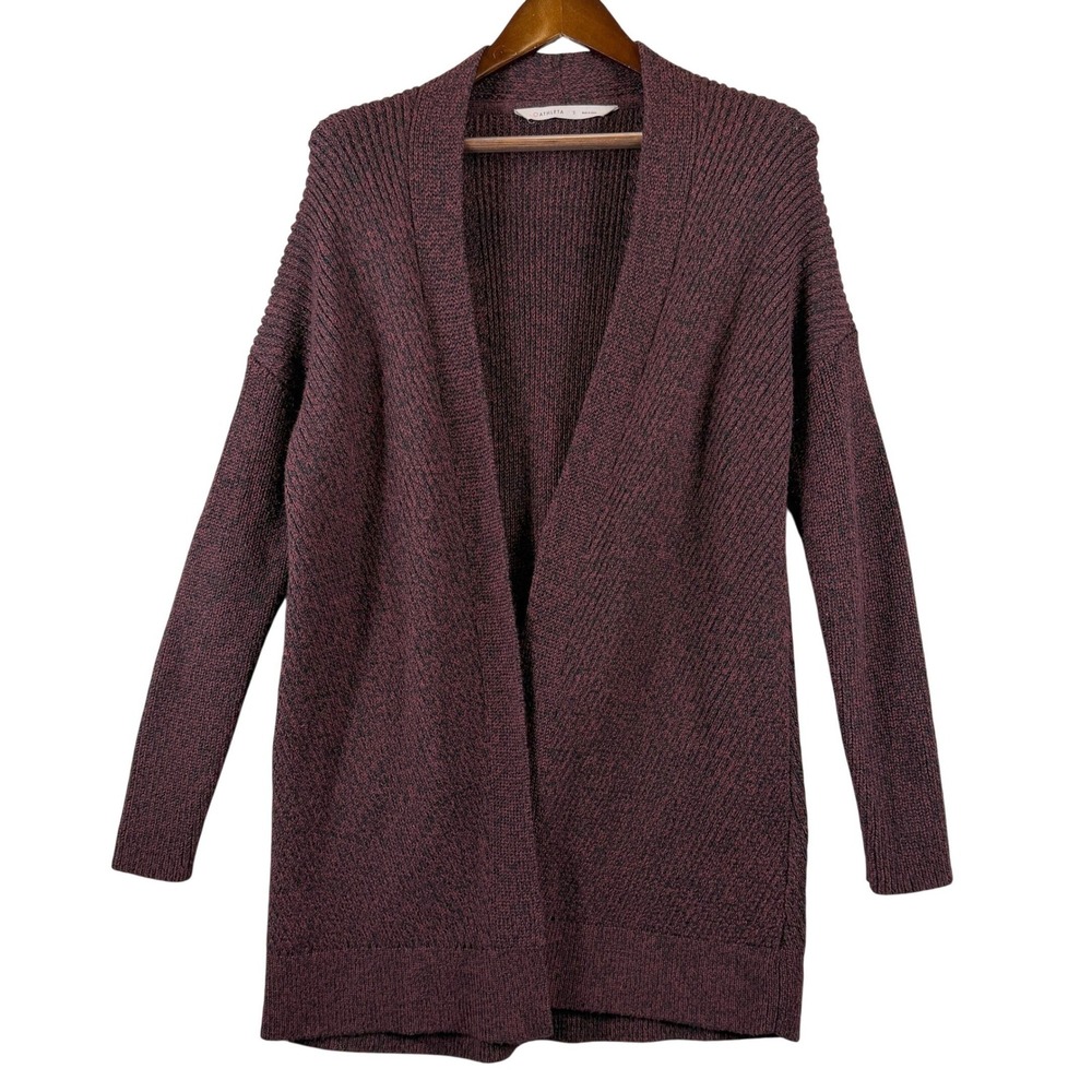Athleta Womens S Merino Wool Blend Marled Open Front Cardigan Sweater Burgundy